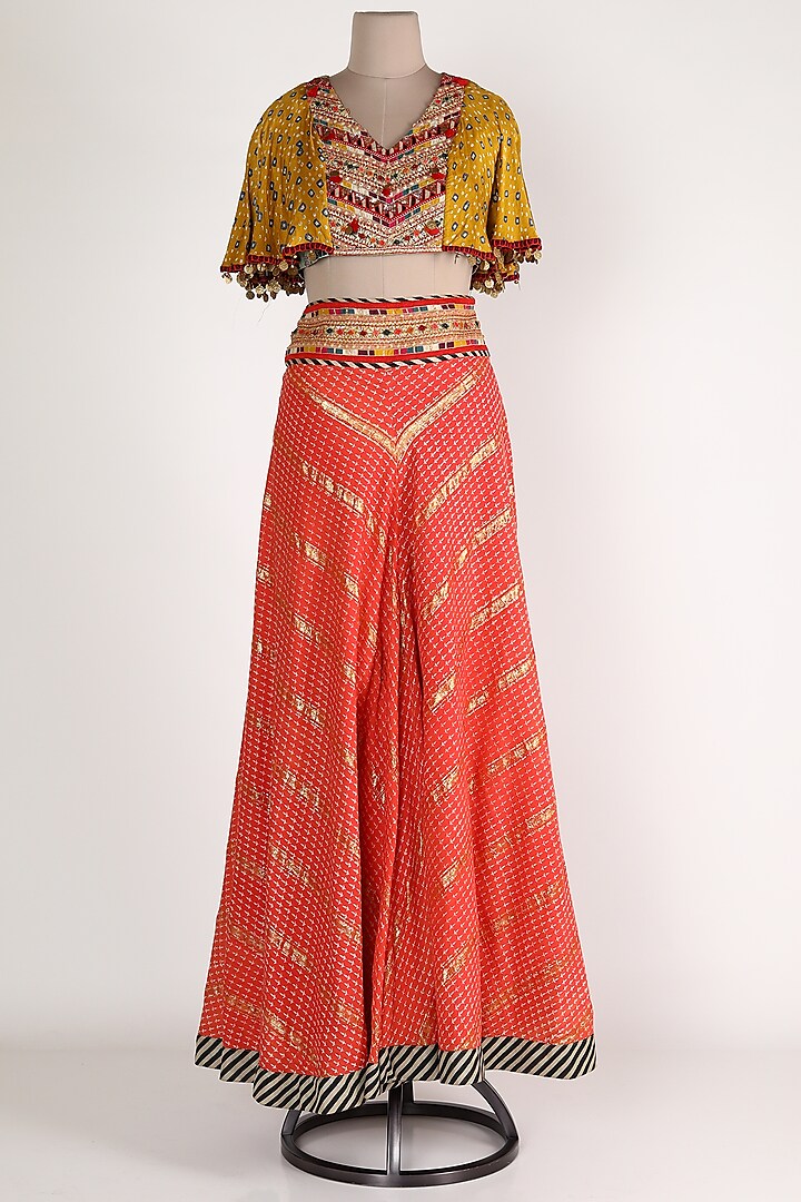 Red & Mustard Embroidered Skirt Set by Verb by Pallavi Singhee