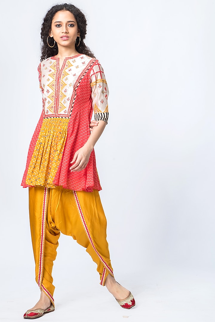 Coral & Mustard Embroidered Tunic Set by Verb by Pallavi Singhee at Pernia's Pop Up Shop