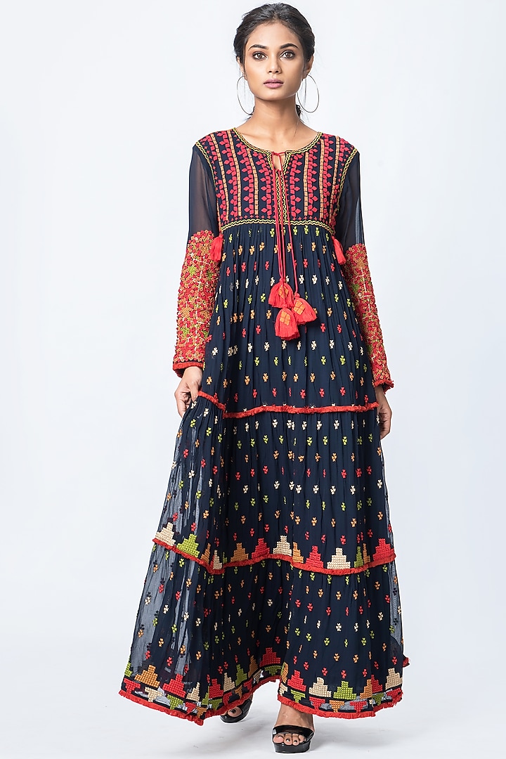 Navy Blue Embroidered Maxi Dress by Verb by Pallavi Singhee