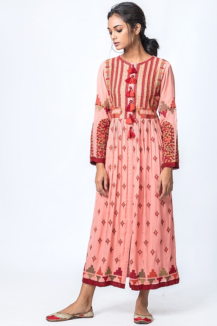 Salmon Pink Printed Midi Dress by Verb by Pallavi Singhee