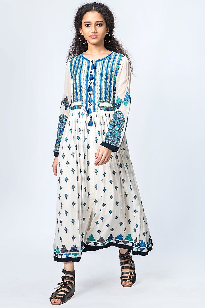 Ivory & Blue Printed Midi Dress by Verb by Pallavi Singhee