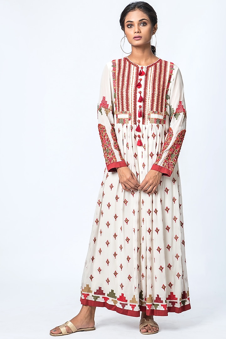 Ivory & Red Printed Midi Dress by Verb by Pallavi Singhee