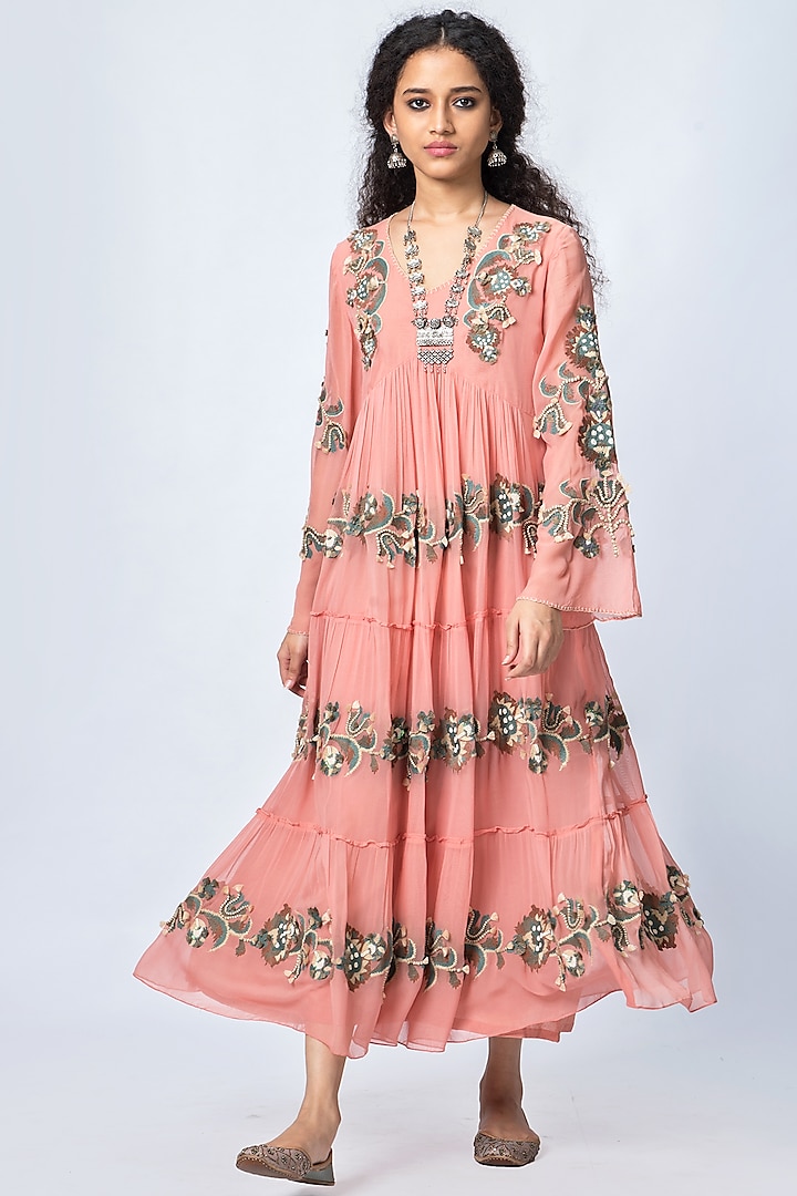Salmon Pink Floral Printed Dress by Verb by Pallavi Singhee
