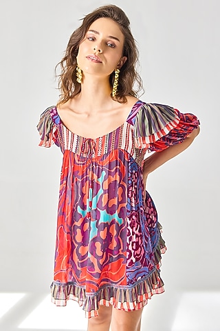 Red Viscose Georgette Printed & Threadwork Blouse by Verb by Pallavi Singhee