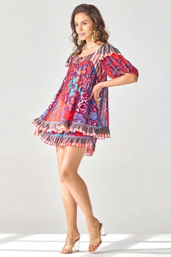 Red Viscose Georgette Printed & Threadwork Blouse by Verb by Pallavi Singhee at Pernia's Pop Up Shop