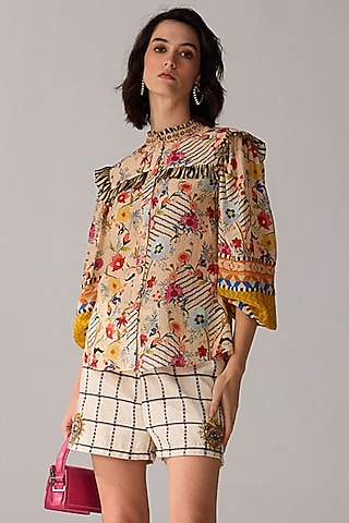 Multi-Colored Cotton Voile Printed & Embroidered Blouse by Verb by Pallavi Singhee
