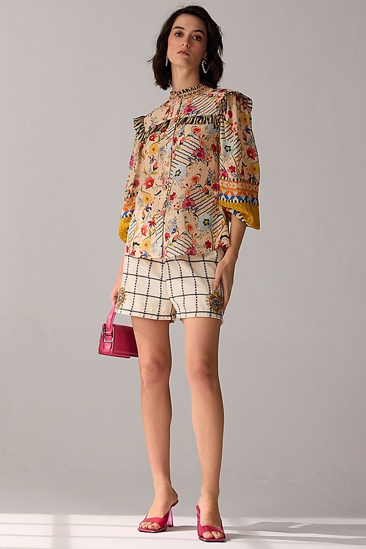 Multi-Colored Cotton Voile Printed & Embroidered Blouse by Verb by Pallavi Singhee at Pernia's Pop Up Shop