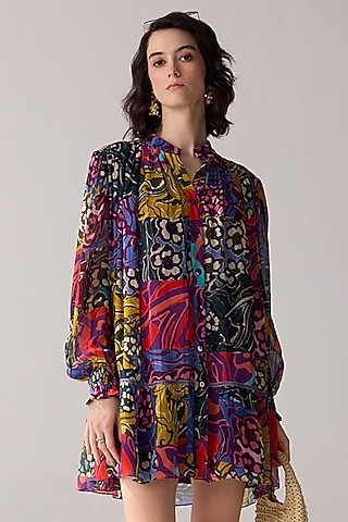Multi-Colored Viscose Georgette Printed Tunic Dress by Verb by Pallavi Singhee