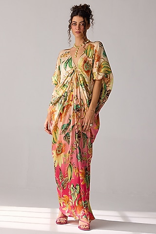 Multi-Colored Bemberg Satin Printed Kaftan Dress by Verb by Pallavi Singhee
