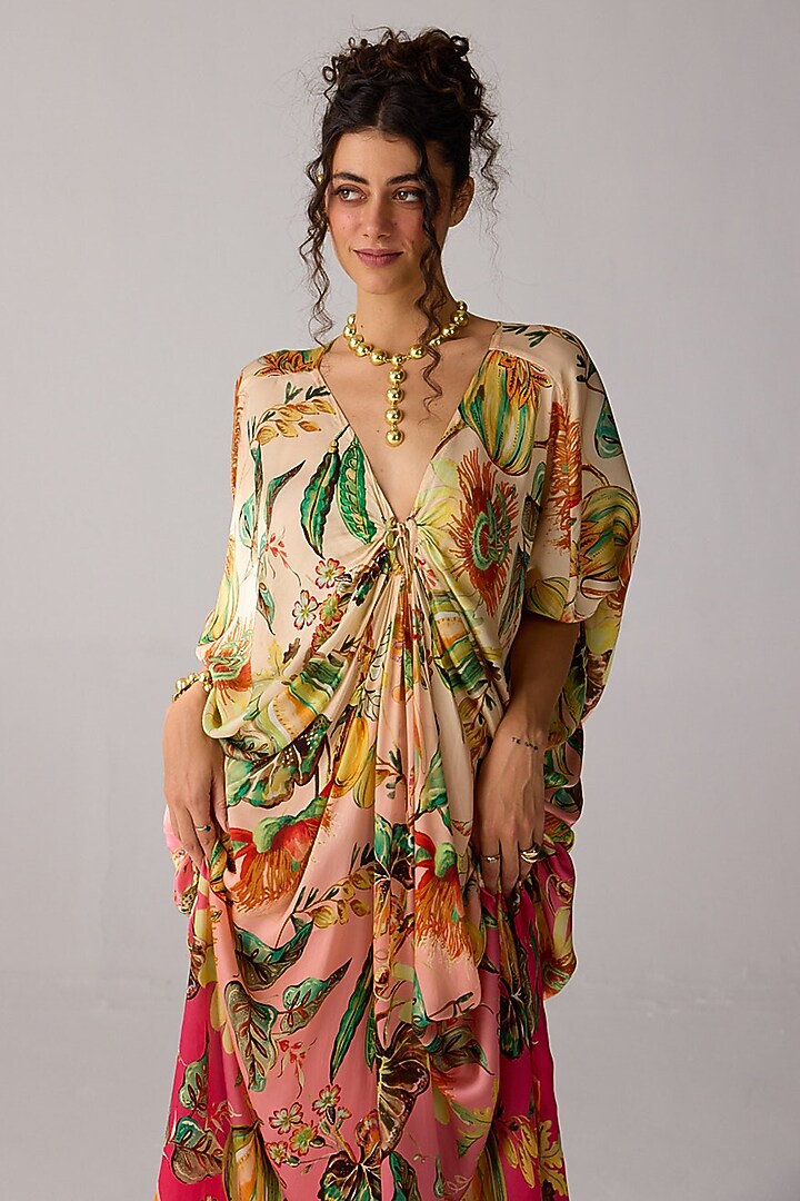 Multi-Colored Bemberg Satin Printed Kaftan Summer Dress by Verb by Pallavi Singhee at Pernia's Pop Up Shop