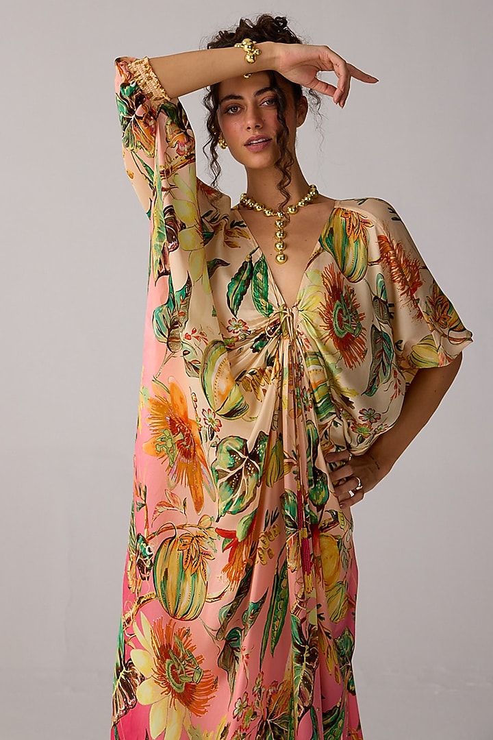Multi-Colored Bemberg Satin Printed Kaftan Summer Dress by Verb by Pallavi Singhee at Pernia's Pop Up Shop