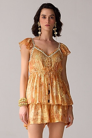 Peach Viscose Lurex Chiffon Stripe Blouse by Verb by Pallavi Singhee