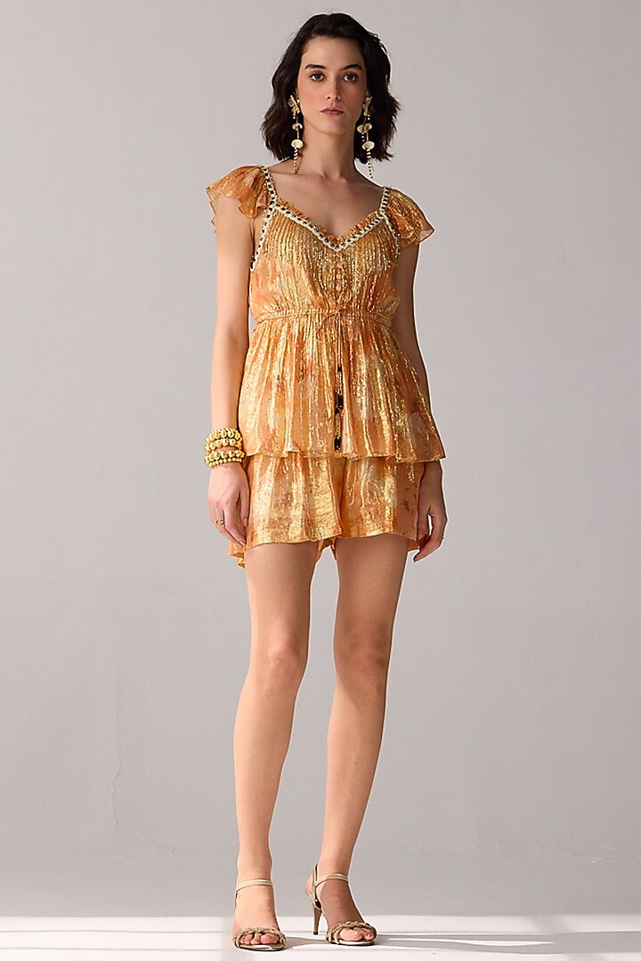 Peach Viscose Lurex Chiffon Stripe Blouse by Verb by Pallavi Singhee at Pernia's Pop Up Shop
