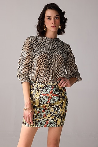 Yellow Cotton Floral Printed Mini Skirt by Verb by Pallavi Singhee