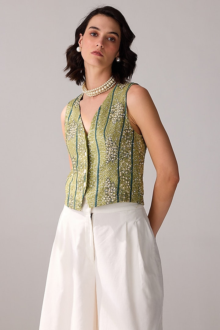 Green Viscose Georgette Sequins Hand Embroidered & Bandhani Printed Vest by Verb by Pallavi Singhee at Pernia's Pop Up Shop