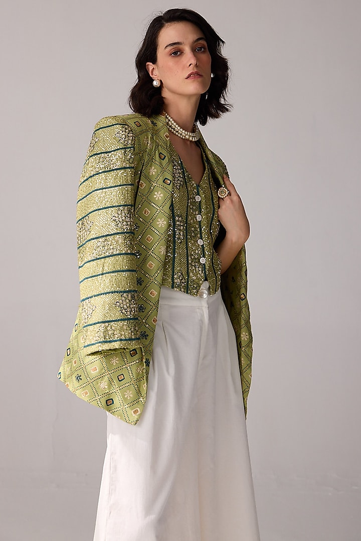 Green Viscose Georgette Sequins Hand Embroidered & Patola Printed Jacket by Verb by Pallavi Singhee at Pernia's Pop Up Shop