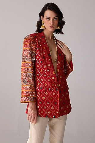 Red Viscose Georgette Sequins Hand Embroidered & Patola Printed Jacket by Verb by Pallavi Singhee