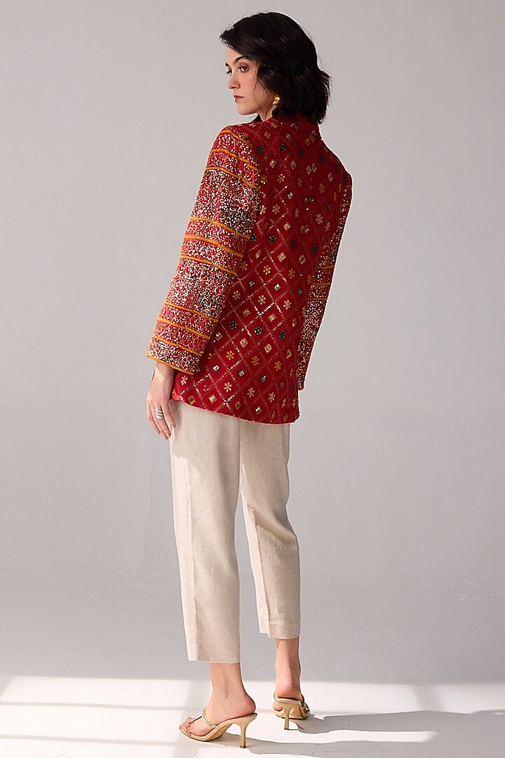 Red Viscose Georgette Sequins Hand Embroidered & Patola Printed Jacket by Verb by Pallavi Singhee at Pernia's Pop Up Shop