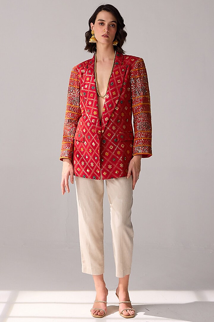 Red Viscose Georgette Sequins Hand Embroidered & Patola Printed Jacket by Verb by Pallavi Singhee at Pernia's Pop Up Shop