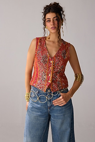 Red Viscose Georgette Sequins Hand Embroidered & Bandhani Printed Vest by Verb by Pallavi Singhee