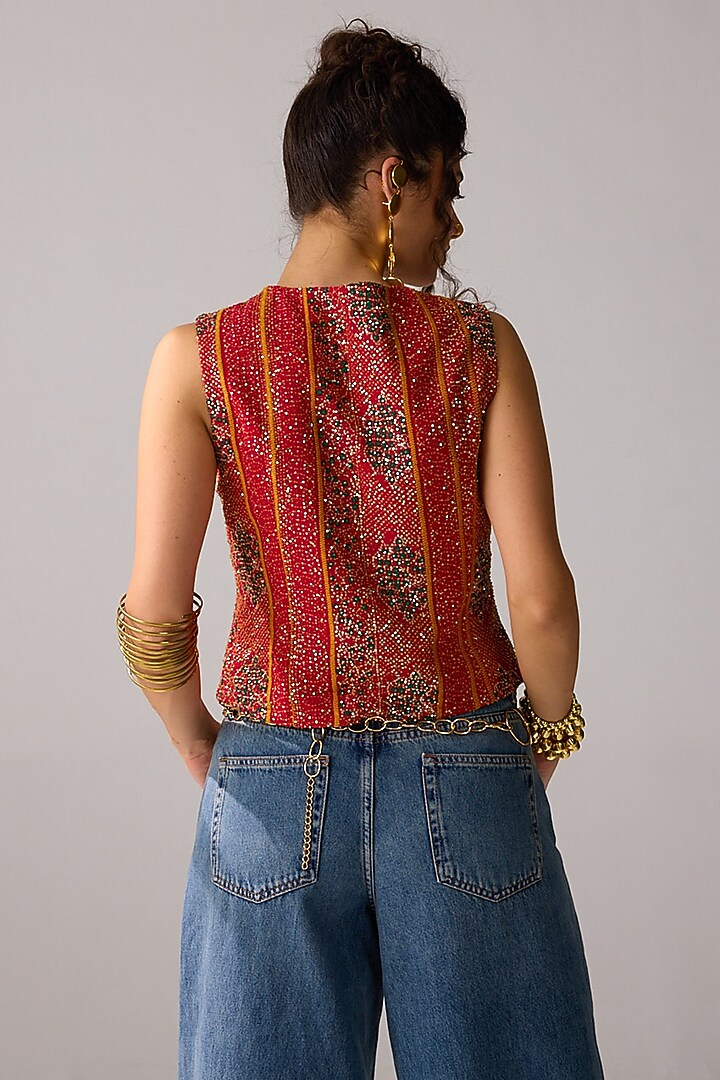 Red Viscose Georgette Sequins Hand Embroidered & Bandhani Printed Vest by Verb by Pallavi Singhee at Pernia's Pop Up Shop