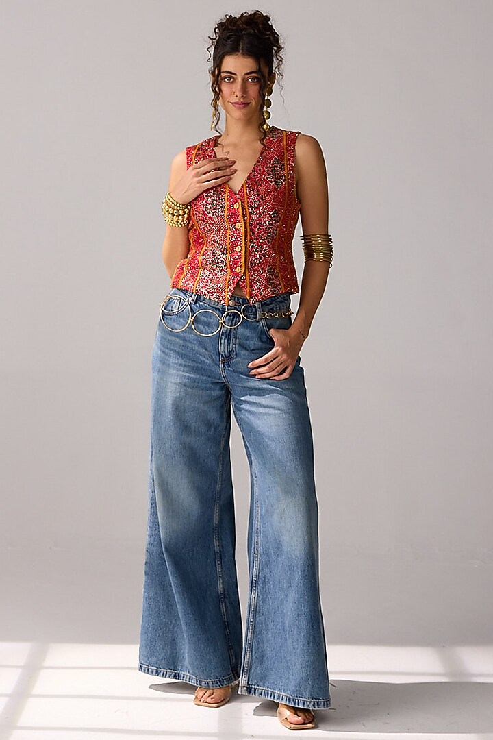 Red Viscose Georgette Sequins Hand Embroidered & Bandhani Printed Vest by Verb by Pallavi Singhee at Pernia's Pop Up Shop