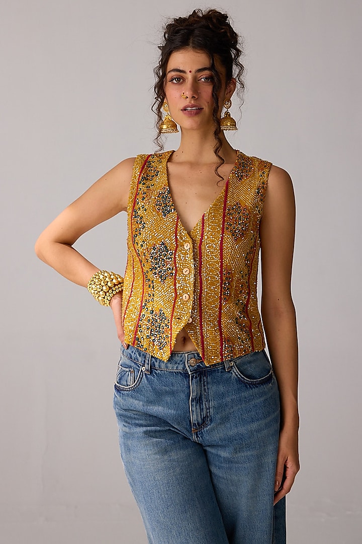 Mustard Viscose Georgette Sequins Hand Embroidered & Bandhani Printed Vest by Verb by Pallavi Singhee at Pernia's Pop Up Shop