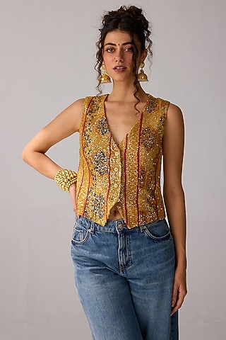 Mustard Viscose Georgette Sequins Hand Embroidered & Bandhani Printed Vest by Verb by Pallavi Singhee