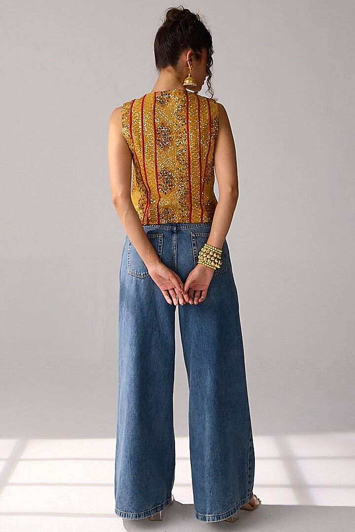 Mustard Viscose Georgette Sequins Hand Embroidered & Bandhani Printed Vest by Verb by Pallavi Singhee at Pernia's Pop Up Shop