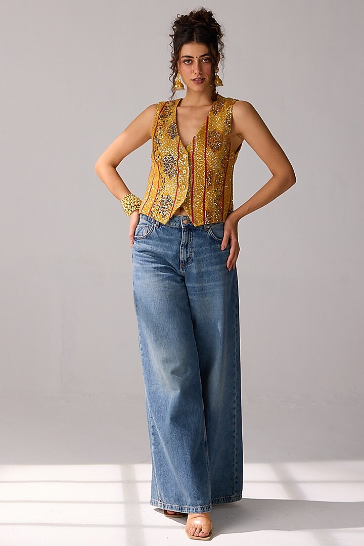 Mustard Viscose Georgette Sequins Hand Embroidered & Bandhani Printed Vest by Verb by Pallavi Singhee at Pernia's Pop Up Shop