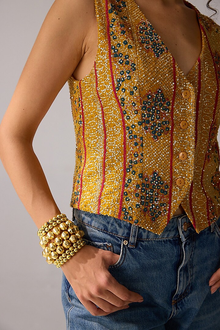 Mustard Viscose Georgette Sequins Hand Embroidered & Bandhani Printed Vest by Verb by Pallavi Singhee at Pernia's Pop Up Shop