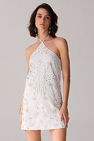 Ivory Cotton 3D Floral Hand Embroidered Dress by Verb by Pallavi Singhee