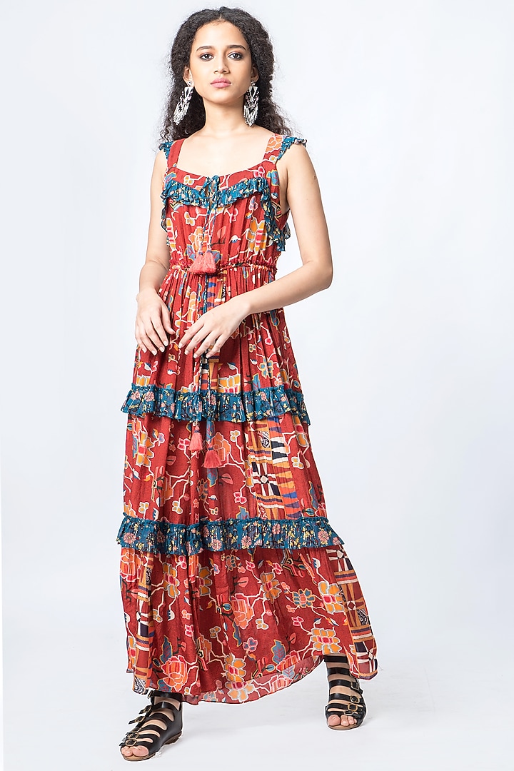 Brown Printed Ruffled Summer Dress by Verb by Pallavi Singhee at Pernia's Pop Up Shop