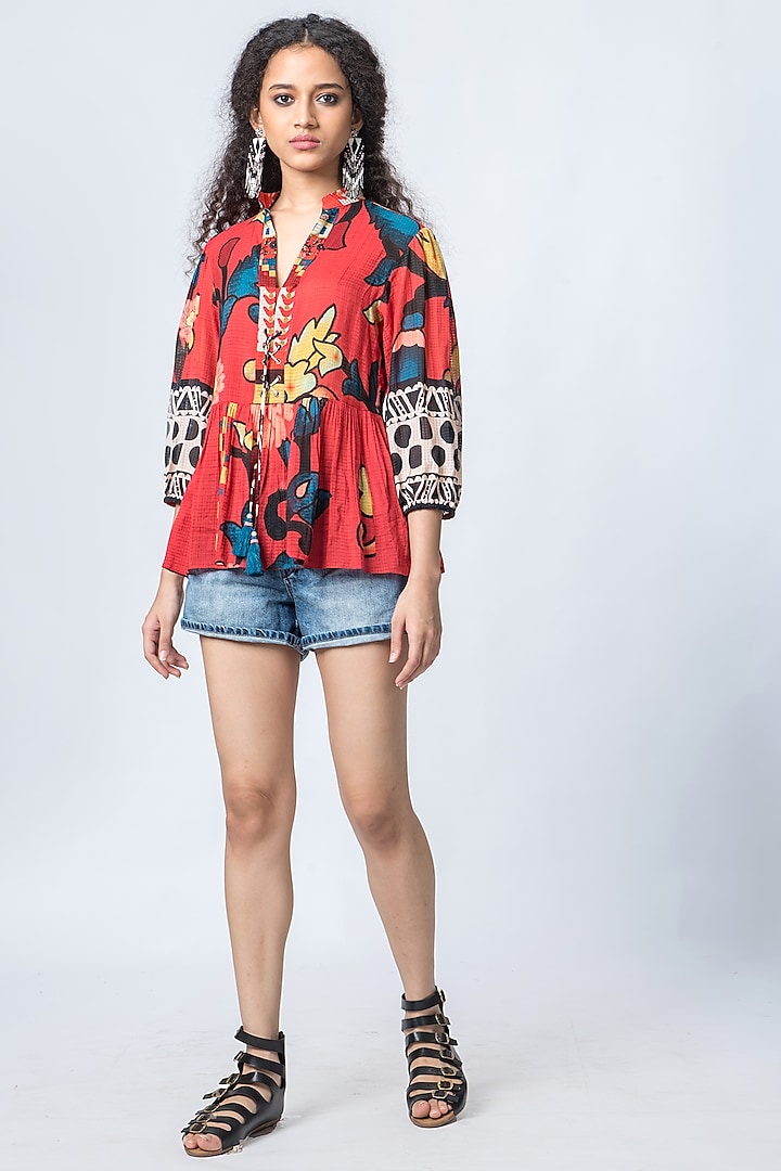 Red Floral Printed Blouse by Verb by Pallavi Singhee