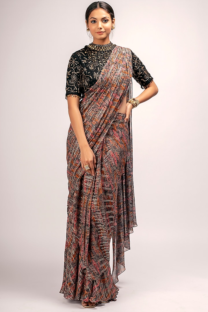 Multi Colored Draped Saree Set With Printed by Verb by Pallavi Singhee