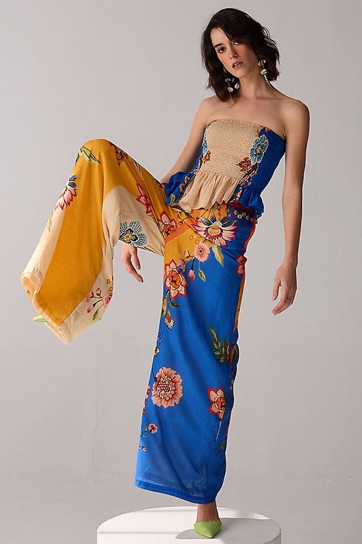 Blue & Beige Checkish Voile Satin Floral Printed Co-Ord Set by Verb by Pallavi Singhee at Pernia's Pop Up Shop