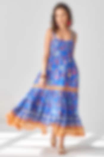 Cobalt Blue Checkish Voil Floral Printed Maxi Summer Dress by Verb by Pallavi Singhee at Pernia's Pop Up Shop