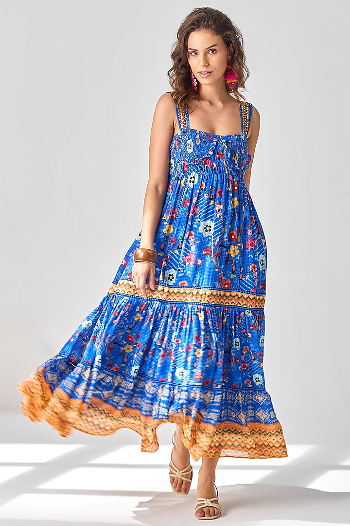 Cobalt Blue Checkish Voil Floral Printed Maxi Summer Dress by Verb by Pallavi Singhee at Pernia's Pop Up Shop
