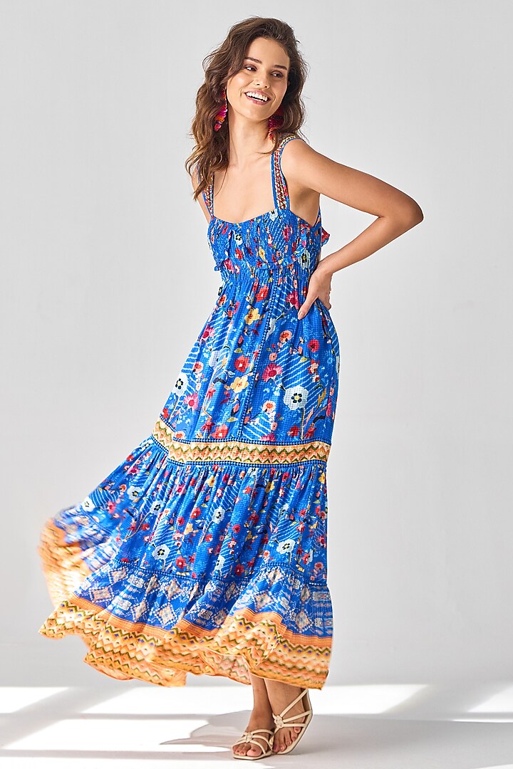 Cobalt Blue Checkish Voil Floral Printed Maxi Dress by Verb by Pallavi ...