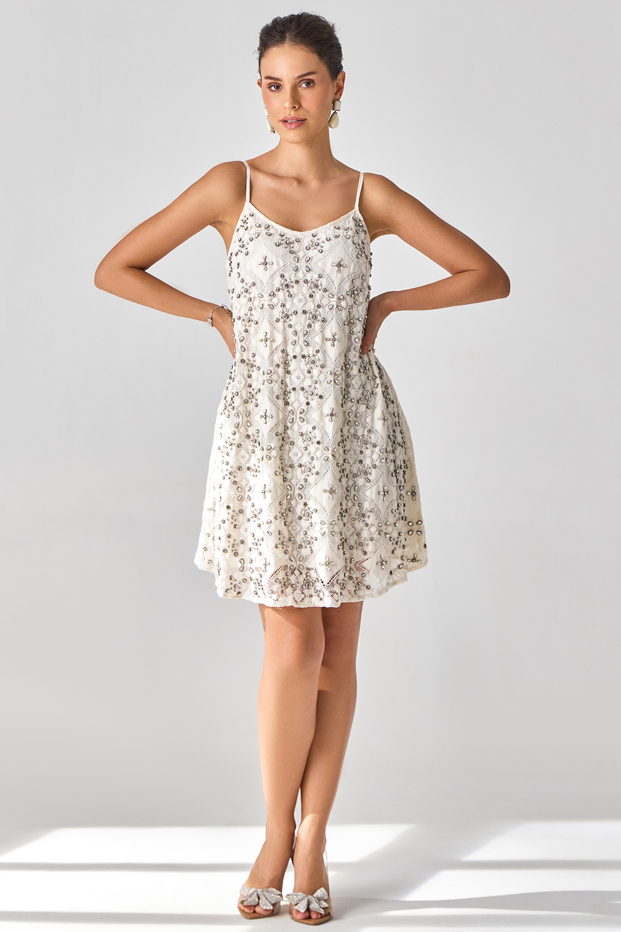Ivory Cotton Crystal Embellished Mini Vacation Dress by Verb by Pallavi Singhee at Pernia's Pop Up Shop