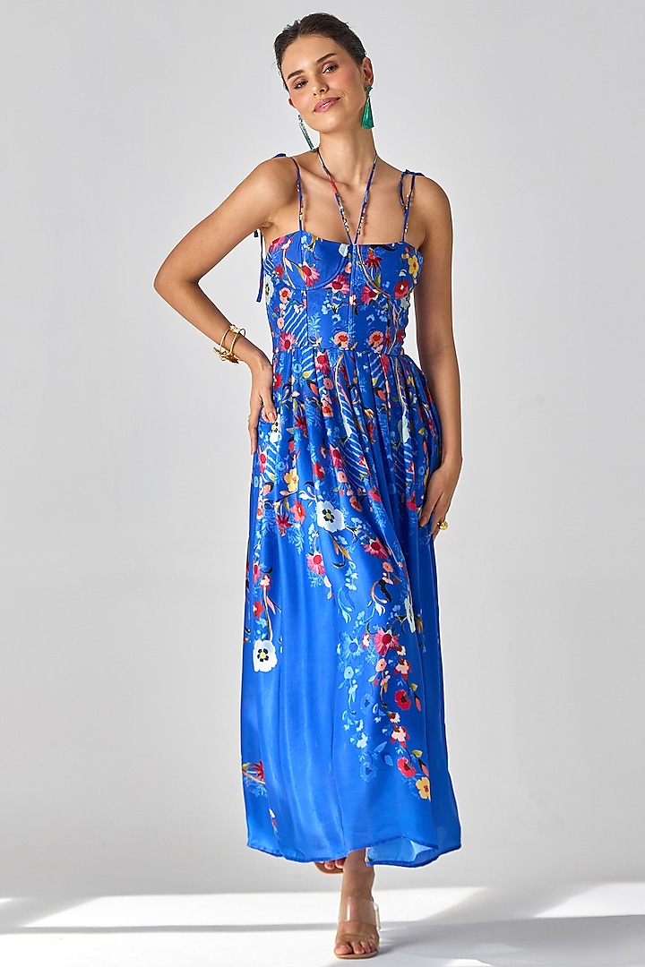 Blue Satin Corset Maxi Summer Dress by Verb by Pallavi Singhee at Pernia's Pop Up Shop