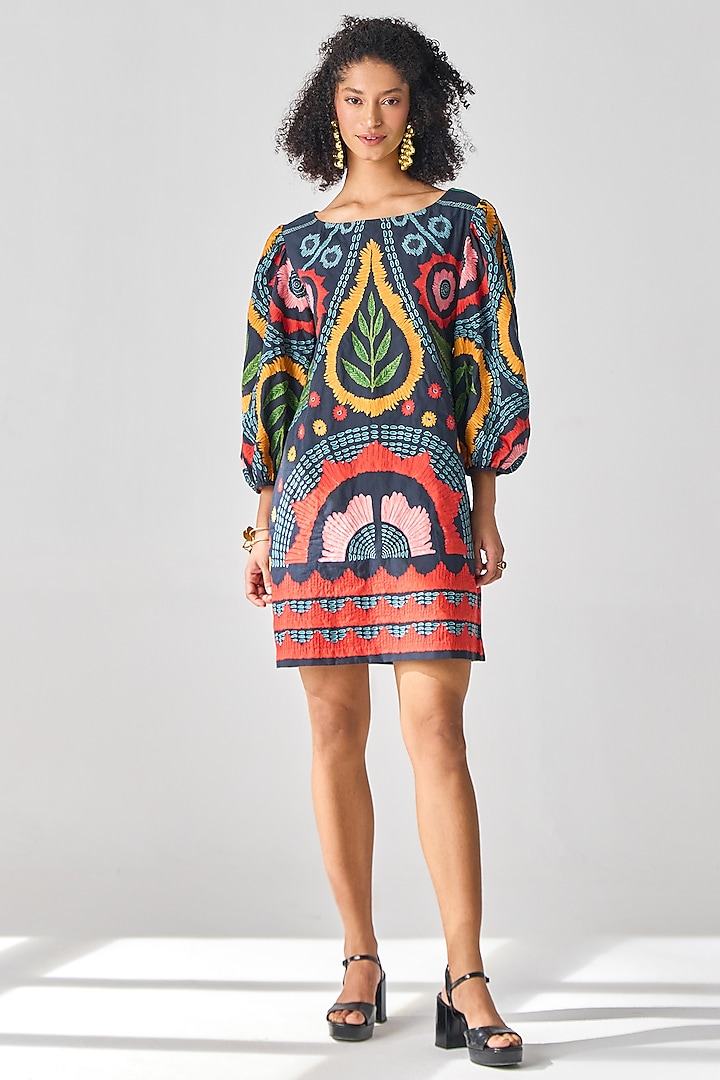 Black Cotton & Poplin Embroidered Shift Vacation Dress by Verb by Pallavi Singhee at Pernia's Pop Up Shop