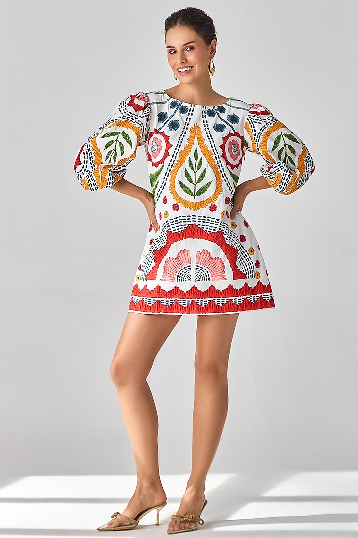 Ivory Cotton & Poplin Embroidered Shift Vacation Dress by Verb by Pallavi Singhee at Pernia's Pop Up Shop