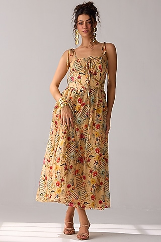 Beige Chiffon Corset Maxi Dress by Verb by Pallavi Singhee