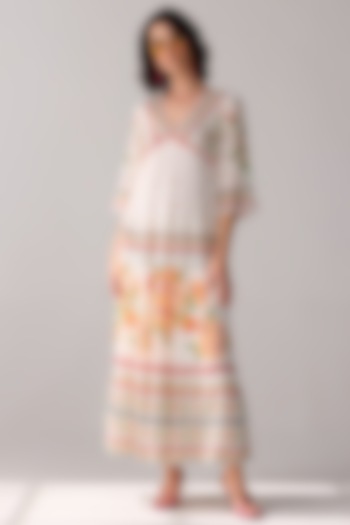 Ivory Viscose Georgette Embroidered Tiered Maxi Summer Dress by Verb by Pallavi Singhee at Pernia's Pop Up Shop