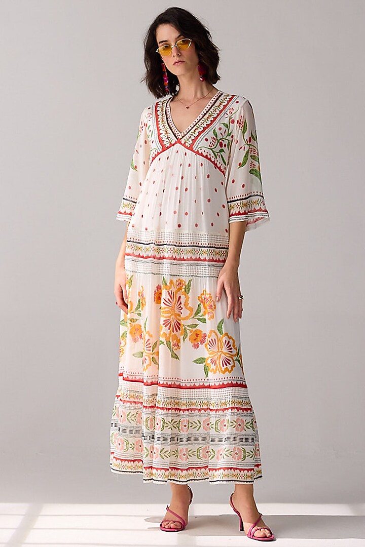 Ivory Viscose Georgette Embroidered Tiered Maxi Summer Dress by Verb by Pallavi Singhee at Pernia's Pop Up Shop