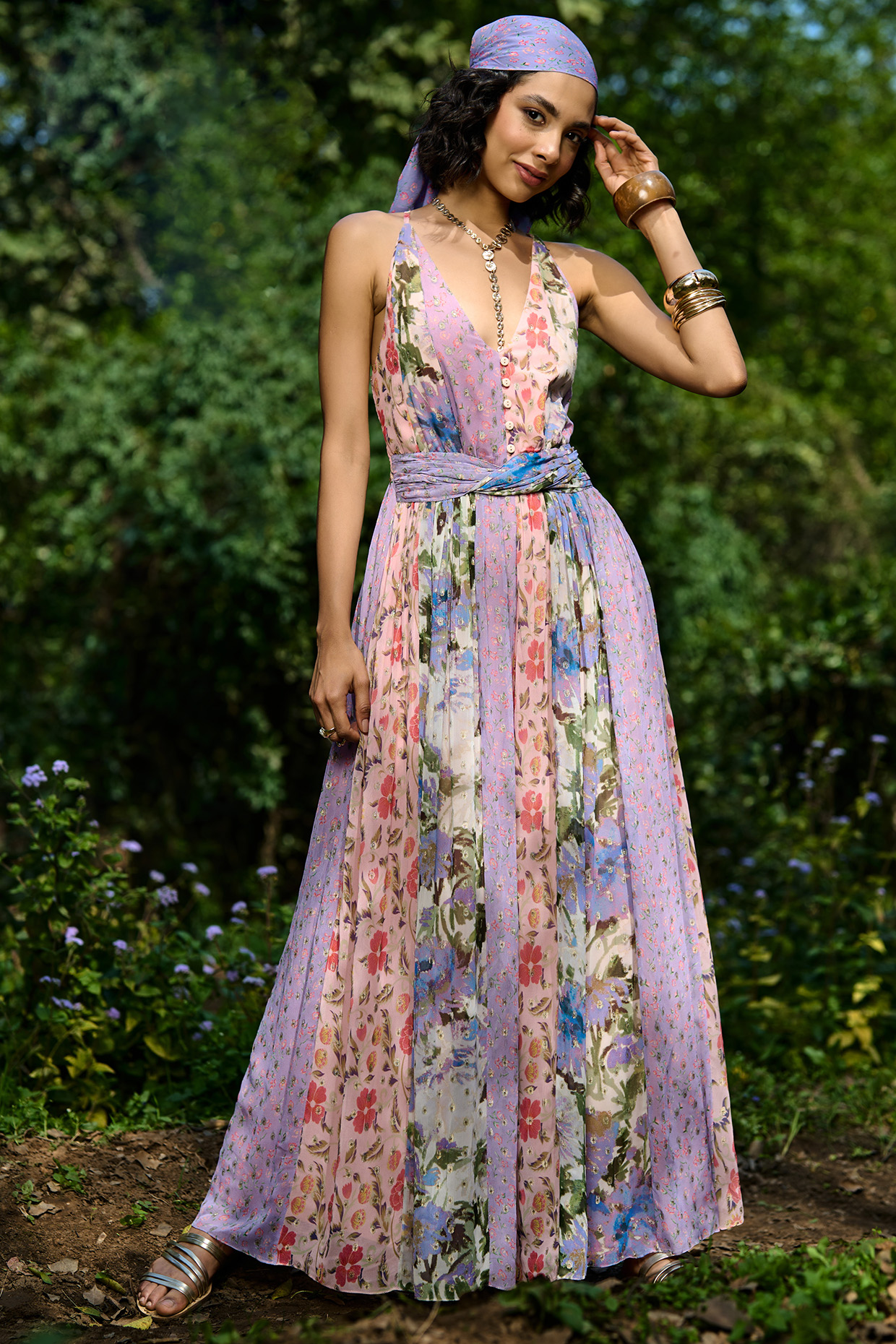 Multi-Colored Viscose Lurex Georgette Printed Jumpsuit by Verb by Pallavi Singhee at Pernia's Pop Up Shop