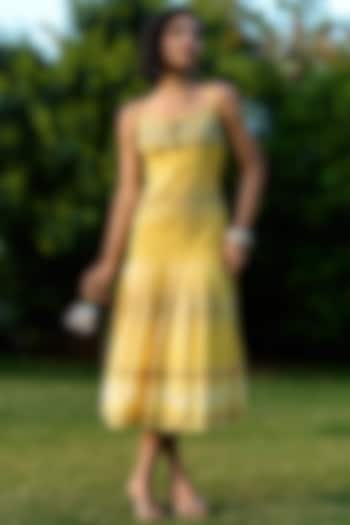 Bright Yellow Cotton & Poplin Printed Spaghetti Summer Dress by Verb by Pallavi Singhee at Pernia's Pop Up Shop