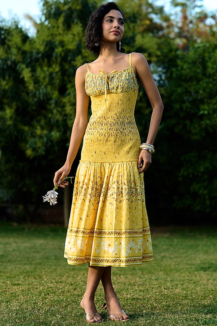 Bright Yellow Cotton & Poplin Printed Spaghetti Summer Dress by Verb by Pallavi Singhee at Pernia's Pop Up Shop