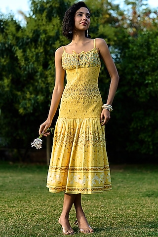 Bright Yellow Cotton & Poplin Printed Spaghetti Dress by Verb by Pallavi Singhee